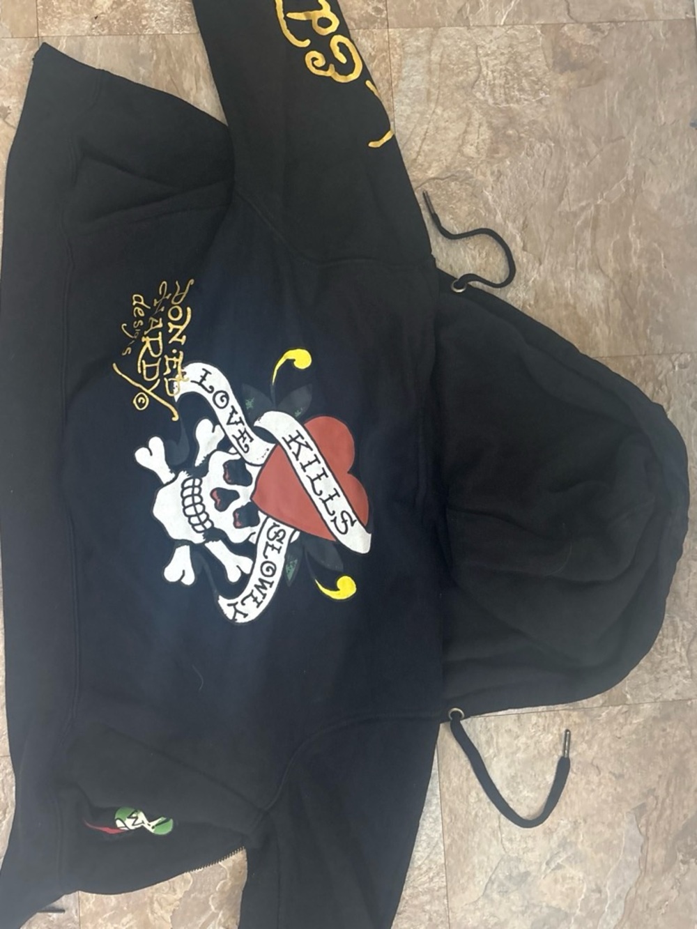 Ed Hardy Black Varsity Hoodie with Heart & Skull Graphic
